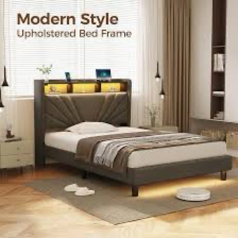 rolanstar bed frame twin size with charging station, led twin bed frame with wood storage headboard,