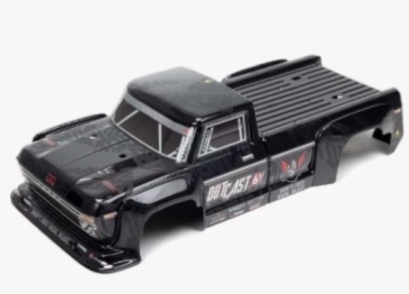 arrma 1/8 painted decaled trimmed body, black : outcast 6s blx, ara406160