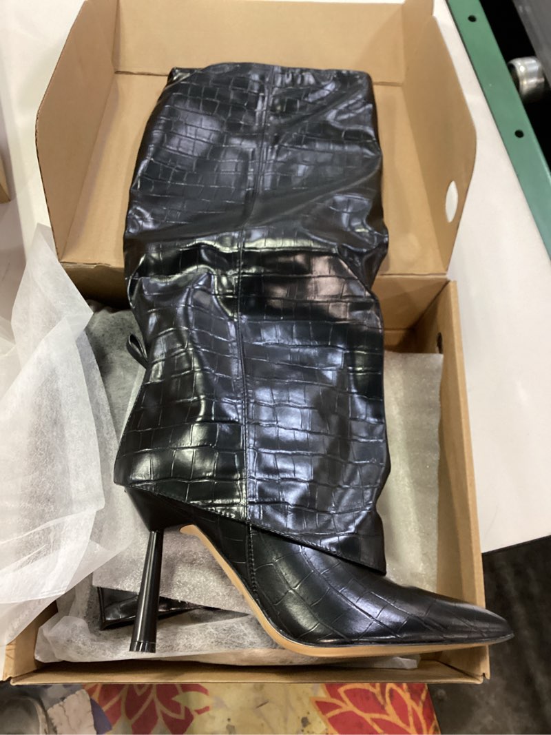 Condition photo showing New/Like New for Oiamenne Knee High Boots Women's Fold Over Boots Pointed Toe Stiletto Heel Tall Boots Slip On Sexy Long Boots Fashion Dress Boots for Women 8.5 Stone-pattern-black