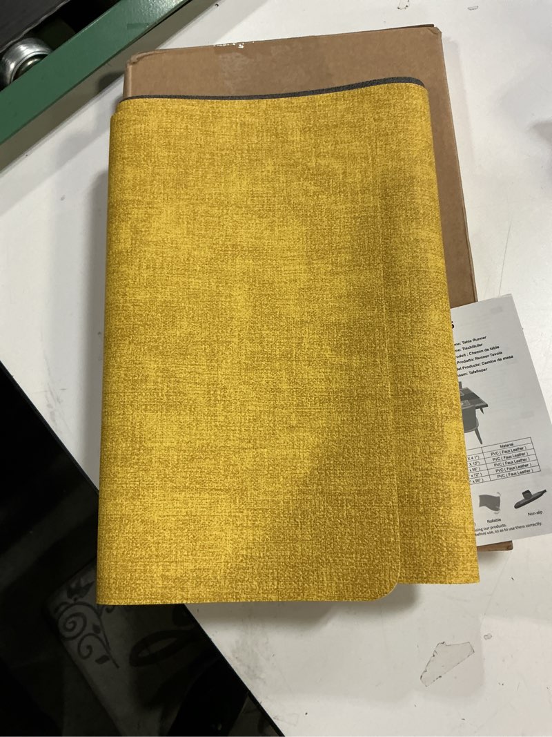 Condition photo showing Good Condition for Table Runners 72 Inches Long, Dual-Sided Faux Leather Farmhouse Table Runner Waterproof Heatproof Non-Slip for Living Room Party Home Decor Holiday Decorations(Gray Yellow, 12 x 72 Inch) Gray Yellow 12 x 72 Inch