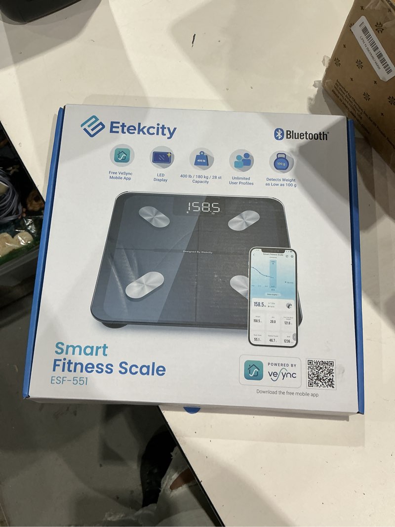 Condition photo showing New/Like New for etekcity smart scale for body weight, fsa&hsa eligible, bathroom digital weighing scale with bmi, body fat, muscle mass, accurate bluetooth home user health equipment sync apps classic-black
