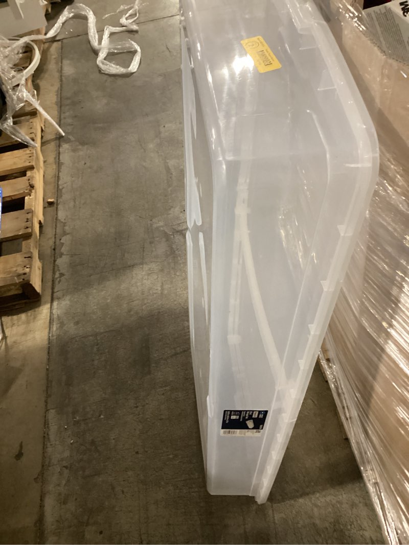 Condition photo showing As Is for incomplete project source x-large clear stackable underbed tote with standard snap lid item #6021874