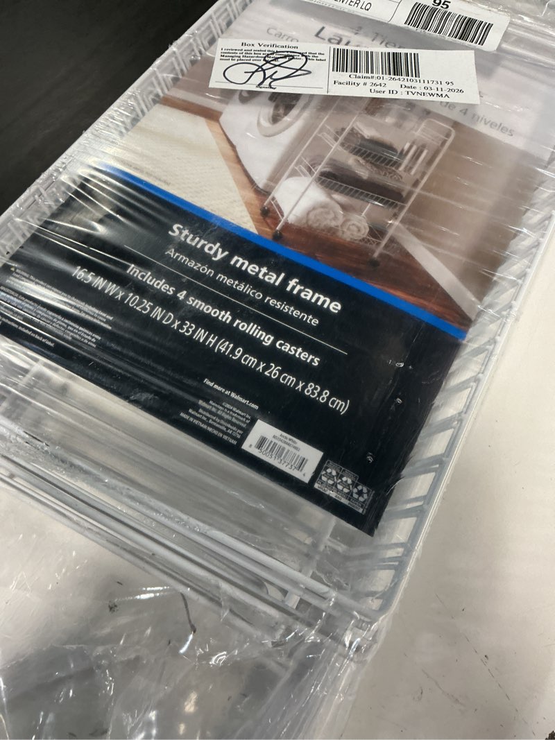 Condition photo showing As Is for mainstays rolling 4-tier metal adult laundry basket sortor cart  white