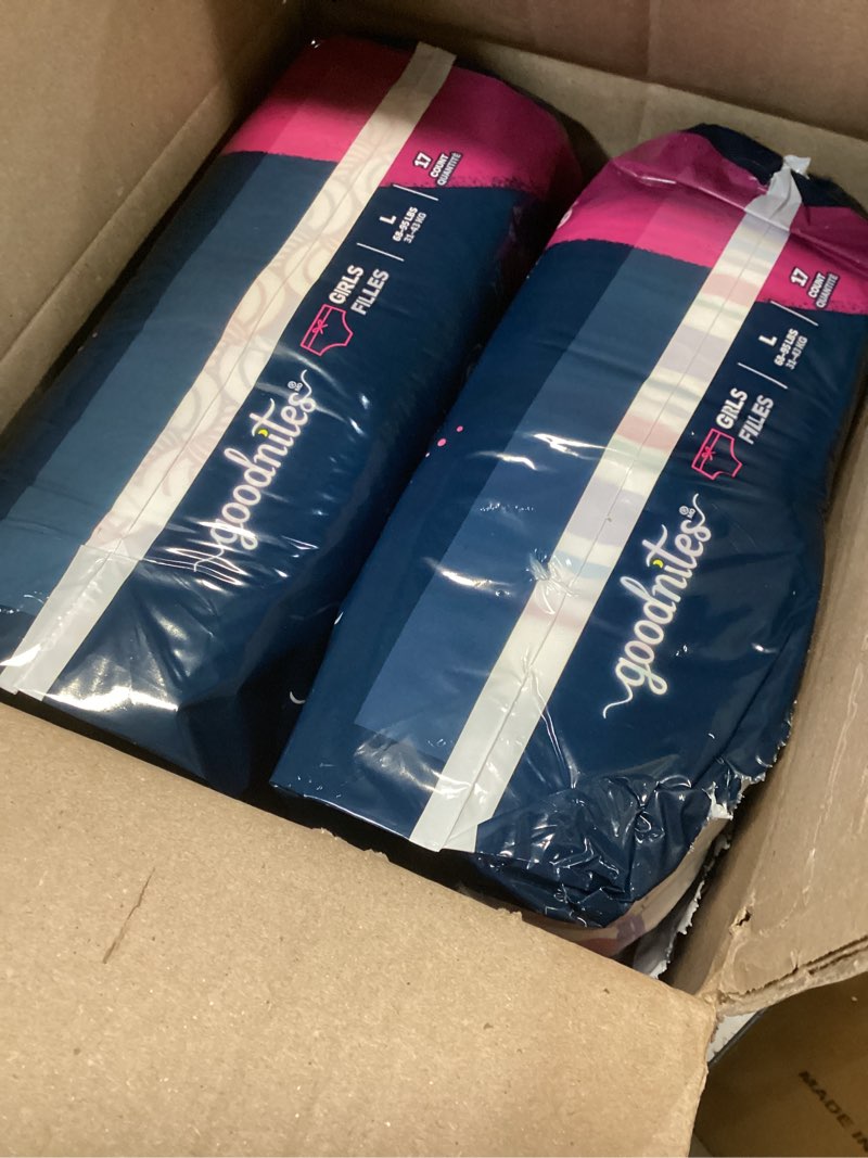 Condition photo showing Good Condition for goodnites girls' nighttime bedwetting underwear, size large (68-95 lbs), 34 ct (2 packs of 17), packaging may vary large 34