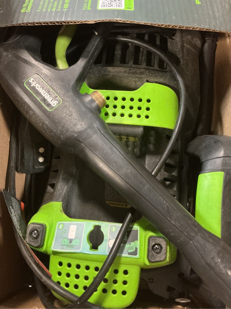 Condition photo showing As Is for greenworks compact electric pressure washer, 1.2 gpm (csa certified, lightweight, 20 ft tangle-free hose, 35 ft power cord) great for cars, fences, patios, driveways, decks and patios 1600 psi