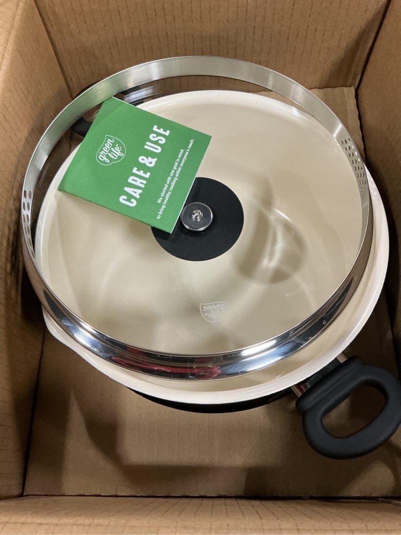 Condition photo showing Good Condition for greenlife 6qt ceramic nonstick stockpot with glass straining lid, pfas-free, dishwasher safe, stay-cool handles, oven safe to 350°f, wobble-free base, even heating, black 6 quarts black