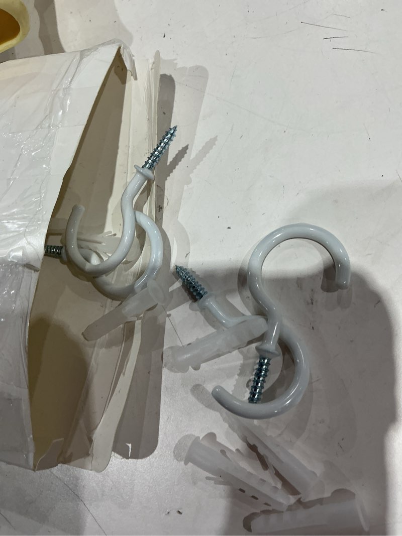 Condition photo showing Good Condition for 20 pcs ceiling hooks for hanging plants - 2.9 inches heavy duty, hanging hooks for christmas lights, cups, decors - white vinyl coated screw in plant hanger hook indoor and outdoor ceiling hooks white 20 pcs 2.9 inches