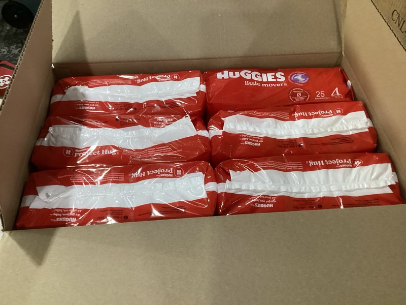 Condition photo showing New/Like New for huggies size 4 diapers, little movers baby diapers, size 4 (22-37 lbs), 150 count (6 packs of 25), packaging may vary size 4 150