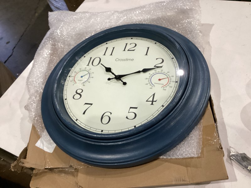 Condition photo showing Good Condition for crosstime 18 inch large outdoor clock with thermometer & hygrometer – silent retro wall clock waterproof for patio, pool, garden, backyard decor – blue 18" blue