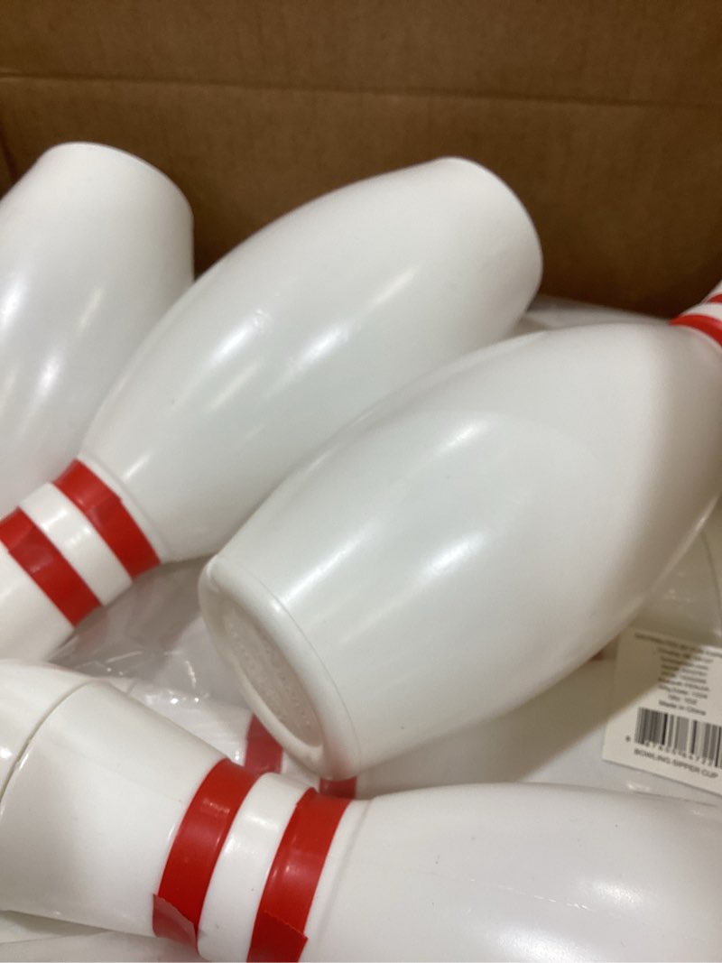 Condition photo showing New/Like New for Fun Express 12 Pieces Bowling Pin Cups with Lids & Straws, Each Holds 18 oz, BPA Free Plastic, Party Supplies, Red & White