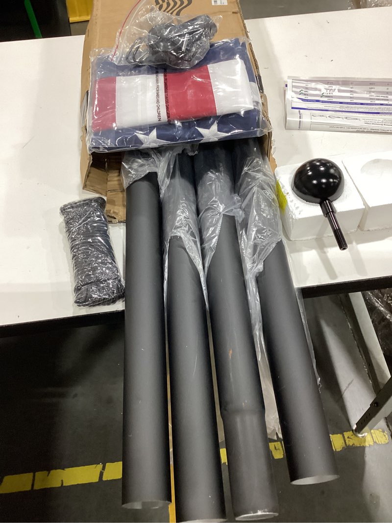 Condition photo showing As Is for heavy duty flag pole kit with solar light, 20 ft 12 gauge aluminum in ground flagpole with 128 leds