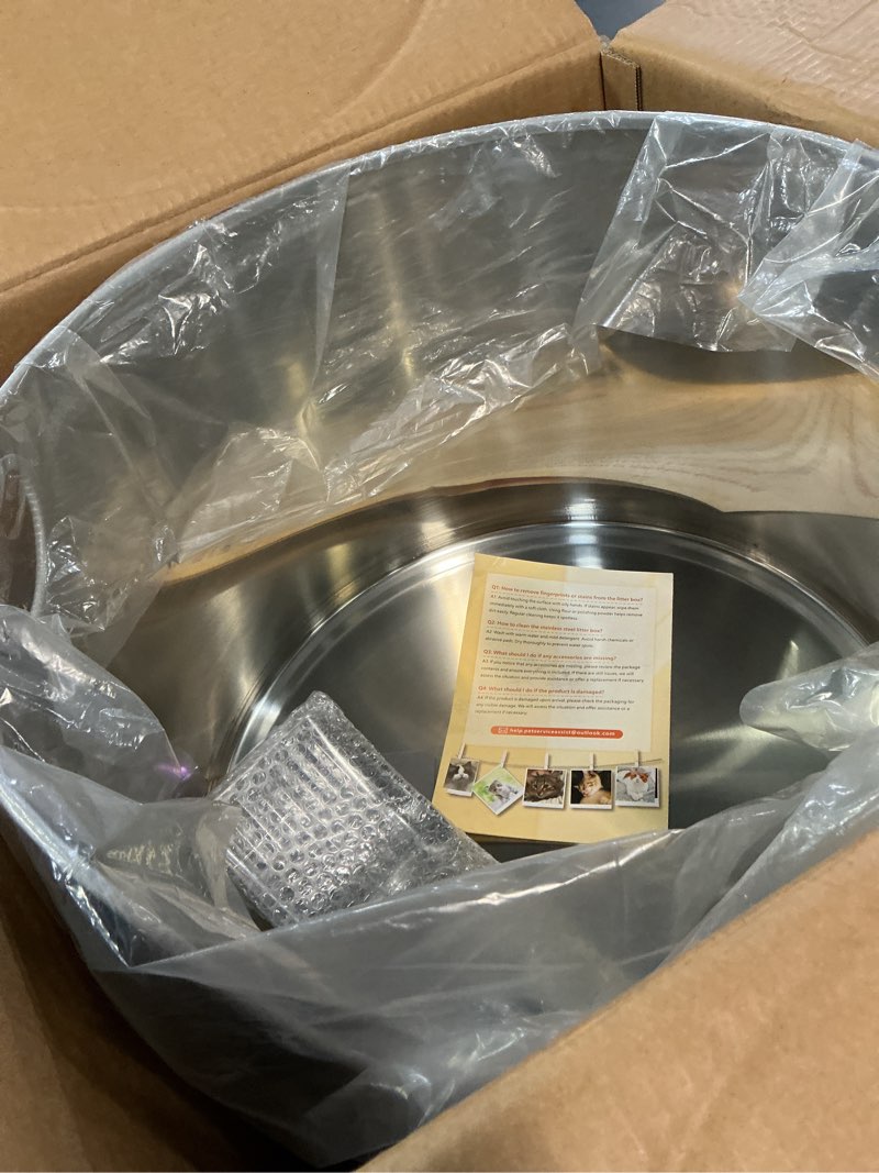 Condition photo showing New/Like New for stainless steel litter box metal with integrated round for xl/xxl big and multi cats, 12" high wall high side, odor control, easy to clean, durable, includes stainless steel scoop