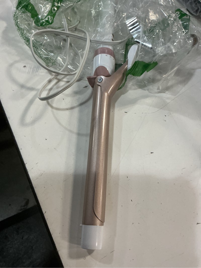 Condition photo showing As Is for conair double ceramic 1-inch long barrel curling iron, 1-inch barrel creates classic curls to loose waves, hair curler for use on short, medium, & long hair, white/rose gold white/rose gold 1 inch long barrel