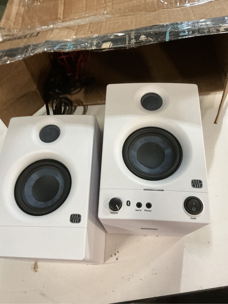 Condition photo showing As Is for PreSonus Eris 3.5 Studio Monitors (White), Pair — 3.5" Inch Powered Bookshelf Speakers, Stereo, Desktop Computer, Near Field Music Production, Audio Mixing Recording