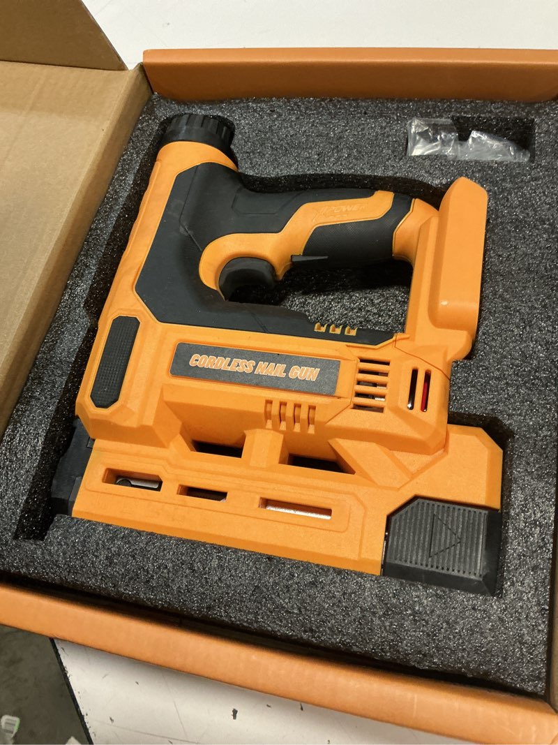 Condition photo showing Good Condition for cordless nail gun compatible with dewalt 20v battery (no battery), 2 in 1 adjustable depth brad nailer, electric staple gun with 1000pcs nails & 1000pcs staples for upholstery & family diy