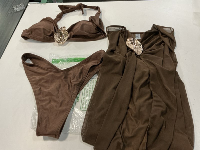 Condition photo showing item condition for GORGLITTER Women's Strapless Bandeau Swimsuits High Waisted Bikini Sets with Beach Sarong Coverup Skirts Bathing Suits Medium Coffee Brown (Size M) 