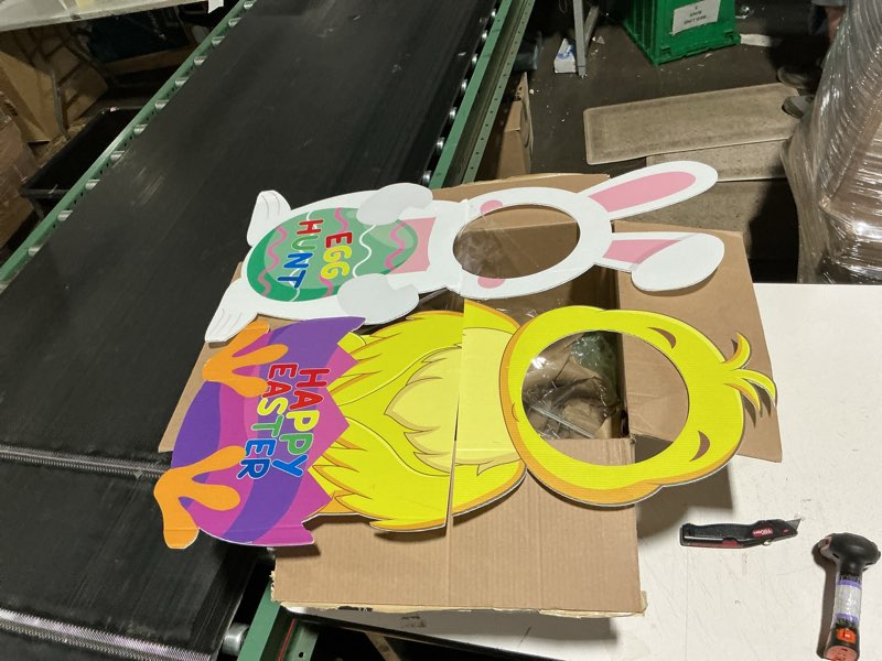 Condition photo showing Good Condition for easter face yard signs, large bunny & chick decorations with h-stakes, happy easter yard signs for egg hunt, spring holiday, photography props, outdoor lawn garden decorations
