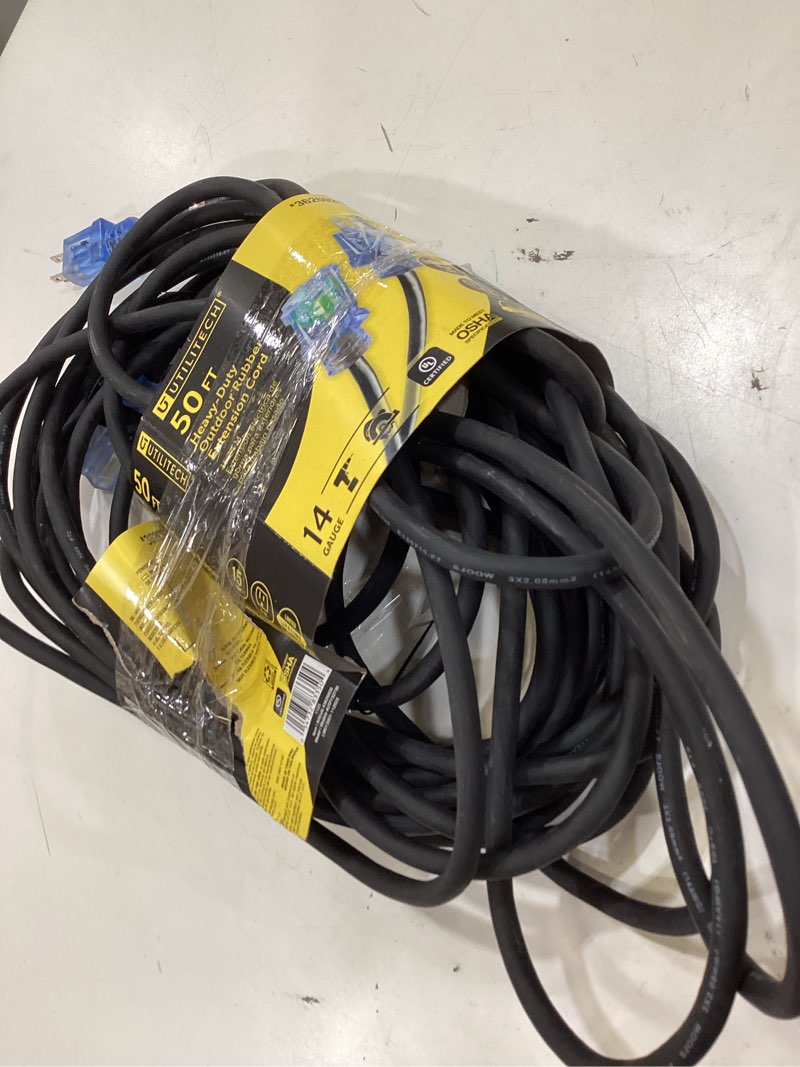 Condition photo showing As Is for utilitech rubber cords 50-ft 14/3 black 3 prong indoor/outdoor sjoow heavy duty