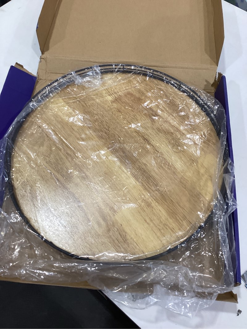 Condition photo showing As Is for 16" Lazy Susan Oak Wood Turntable Organizer for Cabinet, Farmhouse Round Wooden Large Lazy Susan Organization and Storage for Dining Table, Pantry, Kitchen, Bathroom, Countertop, Cupboard, Home Decor Brown & Black 16