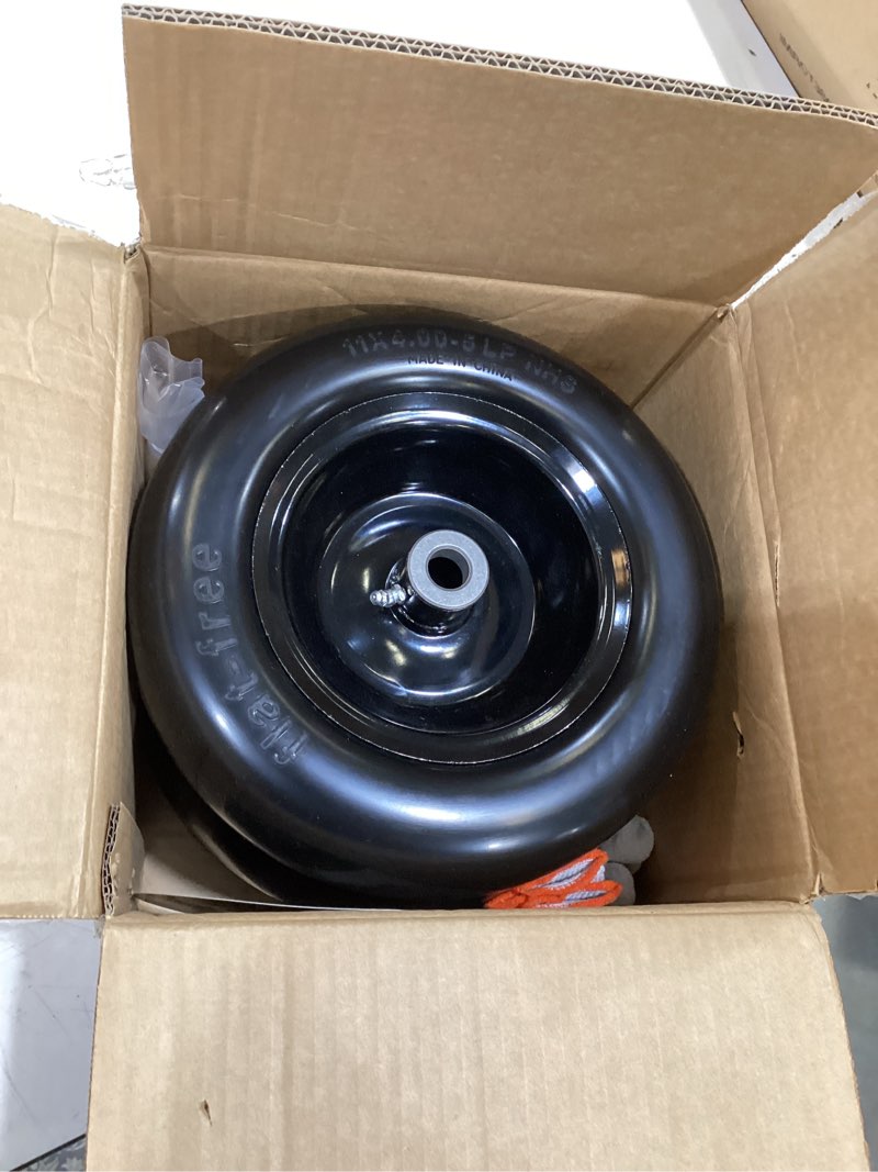 Condition photo showing Good Condition for 11x4.00-5 flat free tire and wheel (2 pack),universal 11x4-5 solid smooth tractor turf tire with rim, 3.4" centered hub and 3/4" & 5/8" bushing, for zero turn mowers and riding lawn mower 11x4.00-5 flat-free (centered hub,bushings) black