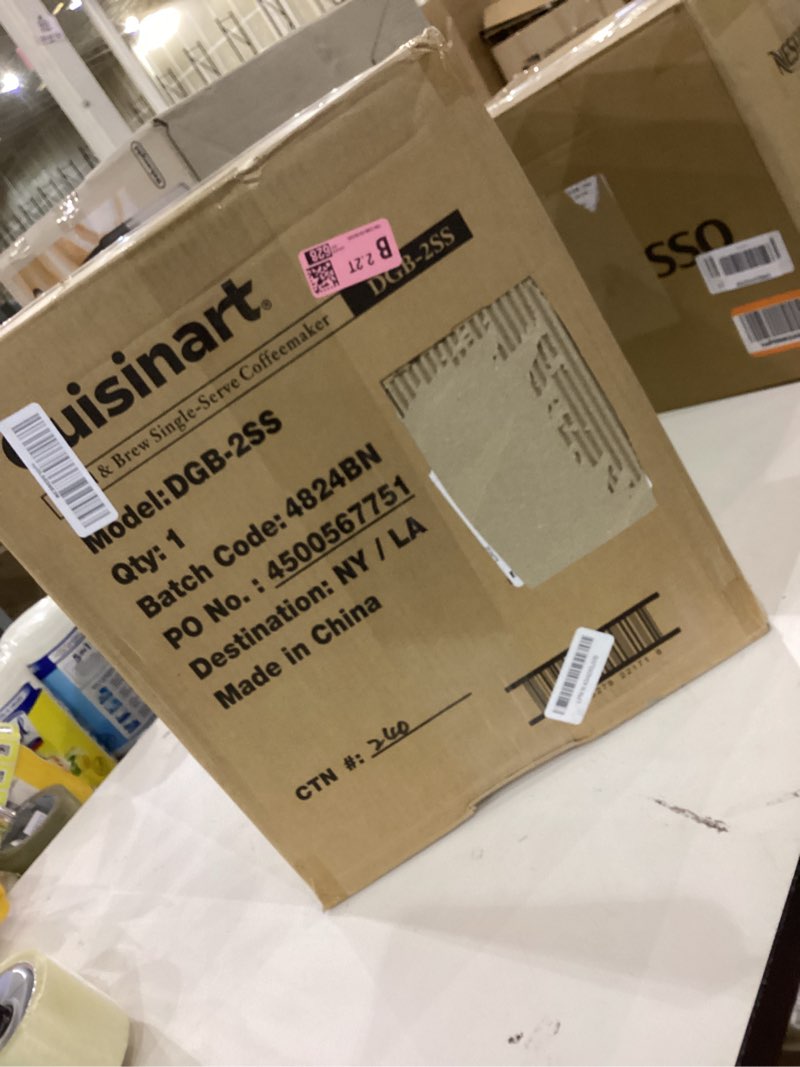 Condition photo showing As Is for Cuisinart Single-Serve Coffee Maker + Coffee Grinder with 8, 10, and 12 oz. Serving Size, Compatible with Single-Cup Pods, 48-Ounce Removable Reservoir, Stainless Steel, DGB-2SS