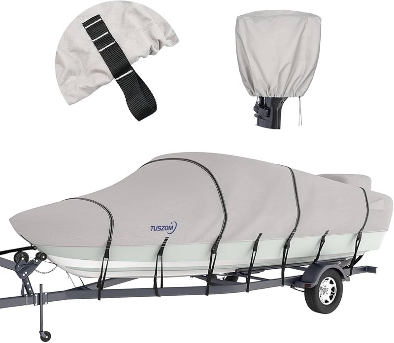 Tuszom 1200D 100% Waterproof Center Console Boat Cover with Motor Cover, Tear-Proof Trailerable Boat