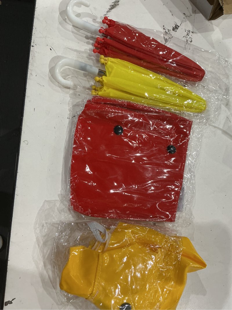 Condition photo showing Good Condition for 2 set porch goose outfit raincoat and umbrella spring lawn porch goose cloths costume raincoat outfit for spring outdoor patio yard lawn decoration(17 inches,red and yellow) red and yellow 17 inches