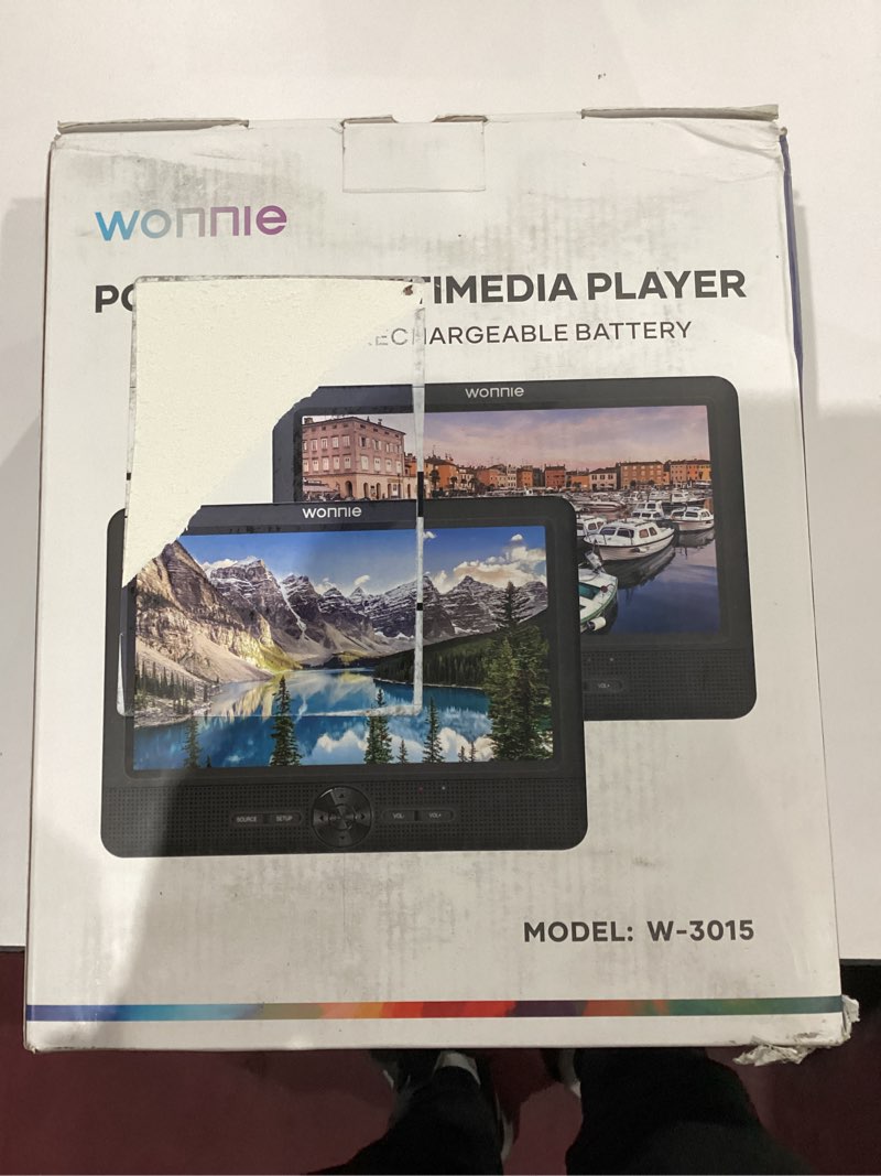 Condition photo showing As Is for WONNIE 10" Car DVD Players, Portable DVD Player Dual Screen Play Two Different or The Same Movie with Headrest Mounts, 5 Hours Rechargeable Battery, 2 AC Adapters, All Regions, Support USB/SD/Sync TV W-3015