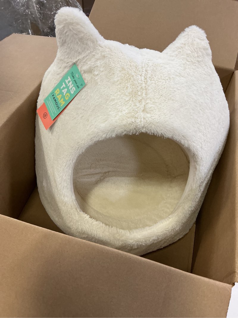 Condition photo showing New/Like New for best friends by sheri meow hut fur dome pet bed – covered cat cave for cats & small dogs up to 15 lbs, faux fur hideaway with water-resistant bottom, machine washable, ivory ivory small