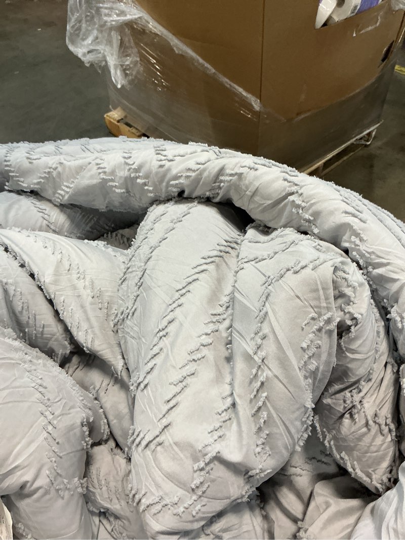 Condition photo showing As Is for litanika light grey king comforter set, 3 pieces lightweight gray tufted bedding sets, down alternative comforter fluffy bed set gift choice 09 - light grey king (104"x90")