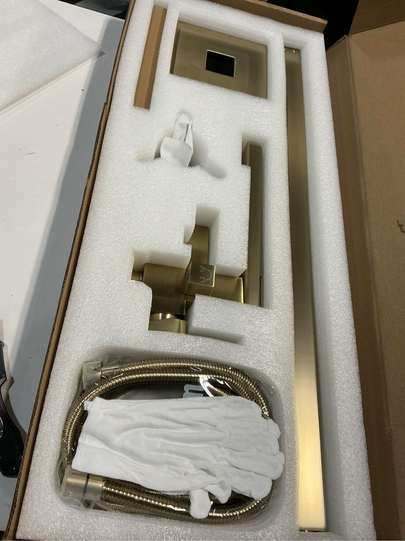 Condition photo showing Good Condition for Free Standing Tub Faucet Brushed Gold, Floor Mount Freestanding Tub Faucets, Brass Stand Alone Tub Filler, Waterfall High Flow Bathtub Shower Mixer Tap