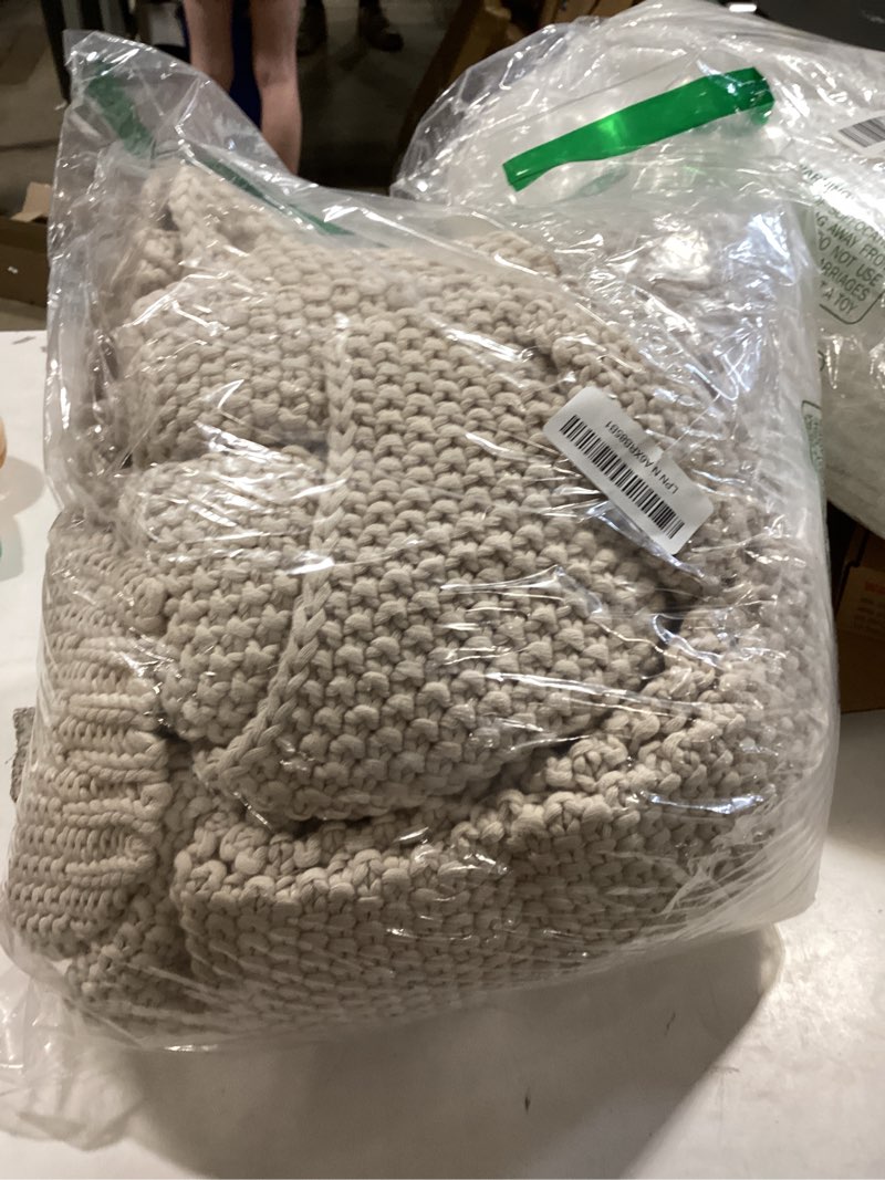 Condition photo showing New/Like New for chunky cable knit throw blanket lightweight beige 100% organic cotton blanket for sofa couch bed baby nursery, rustic shabby chic modern farmhouse, 60” x 80” beige 60"x80", oversize