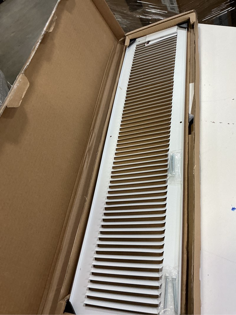 Condition photo showing New/Like New for 30 x 6 inch (duct opening) return air vent cover, louvered steel hvac grille for wall and ceiling, white powder-coated rust-resistant finish, decorative design, easy to install 30"w x 6"h (duct opening)