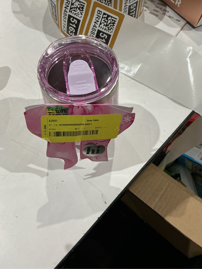 Condition photo showing Good Condition for hi peach layne, mother's day gift set, pink stripe floral wine tumbler with nail file