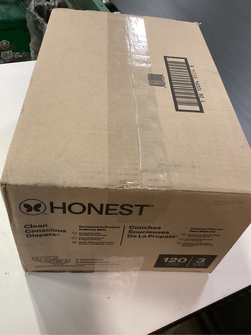 Condition photo showing New/Like New for The Honest Company Clean Conscious Diapers for Sensitive Skin, Up to 100% Leakproof Hypoallergenic Fragrance-Free Baby Diapers, Gender Neutral Prints, Super Club Box, Size 3 (16–28 lbs), 120 Count Size 3 (120 Count) Barnyard Babies + Donut Grow Up