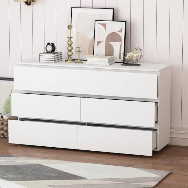 6-Drawers White Wood Chest of Drawer Dresser Cabinet Organizer 59 in. W x 15.7 in. D x 32.3 in. H