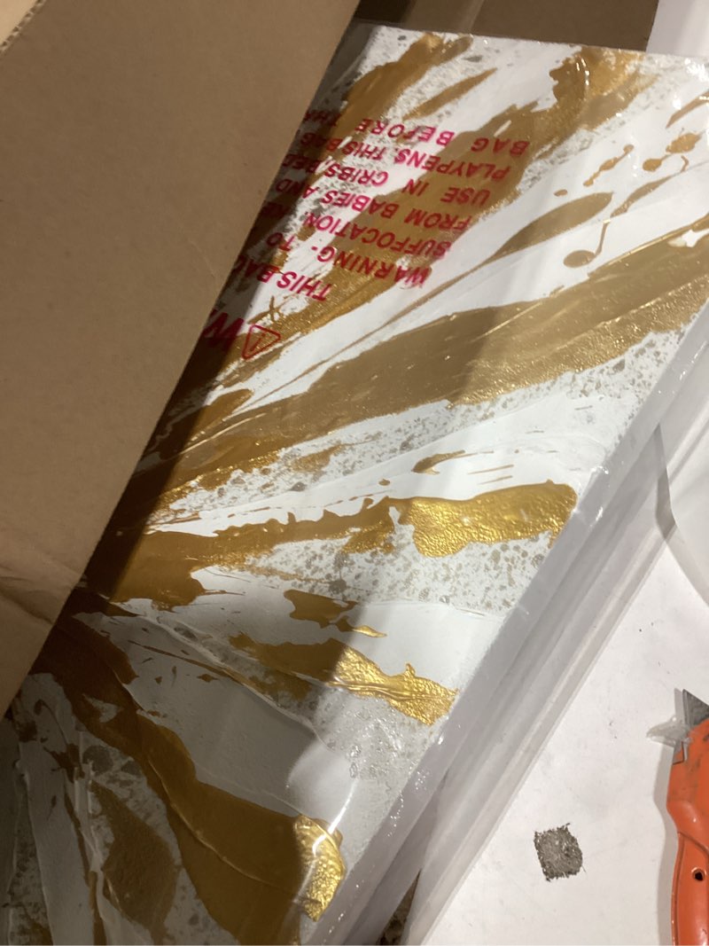 Condition photo showing New/Like New for v-inspire modern abstract wall art, gold and white textured acrylic painting on canvas, hand-painted, 24 x 36 inches, wooden frame