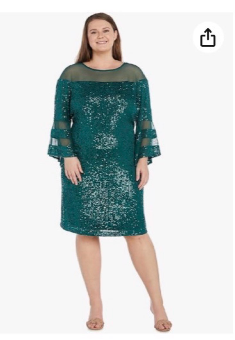 R&M Richards Women's Knee Length Sequin Dress W/Illusion Neckline & Sheer Bell Sleeves Emerald,size 22W