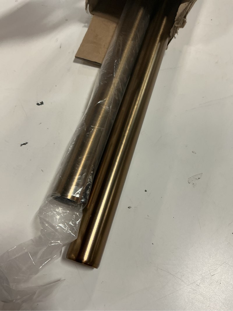 Condition photo showing As Is for brass gold curtain rods for windows 48 to 84, 1 inch decorative antique brass curtain rod heavy duty with adjustable length & easy installation 48" to 84"