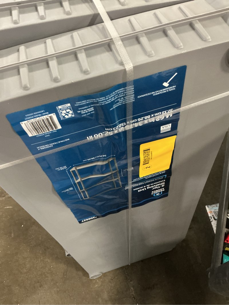 Condition photo showing As Is for project source plastic 4-tier utility shelving unit (34.75-in w x 15.06-in d x 52.625-in h), gray, (50-lb capacity per shelf)
