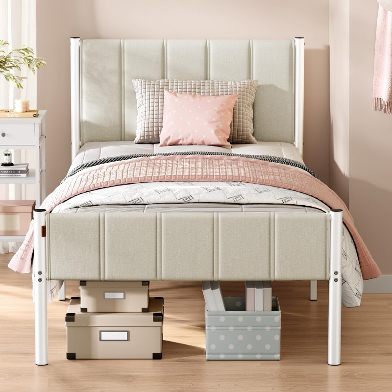 vasagle twin bed frame with upholstered headboard, metal bed frame twin size with footboard, 550 lb weight capacity, steel slats, easy assembly, no box spring needed, cappuccino beige urmb983w01v1