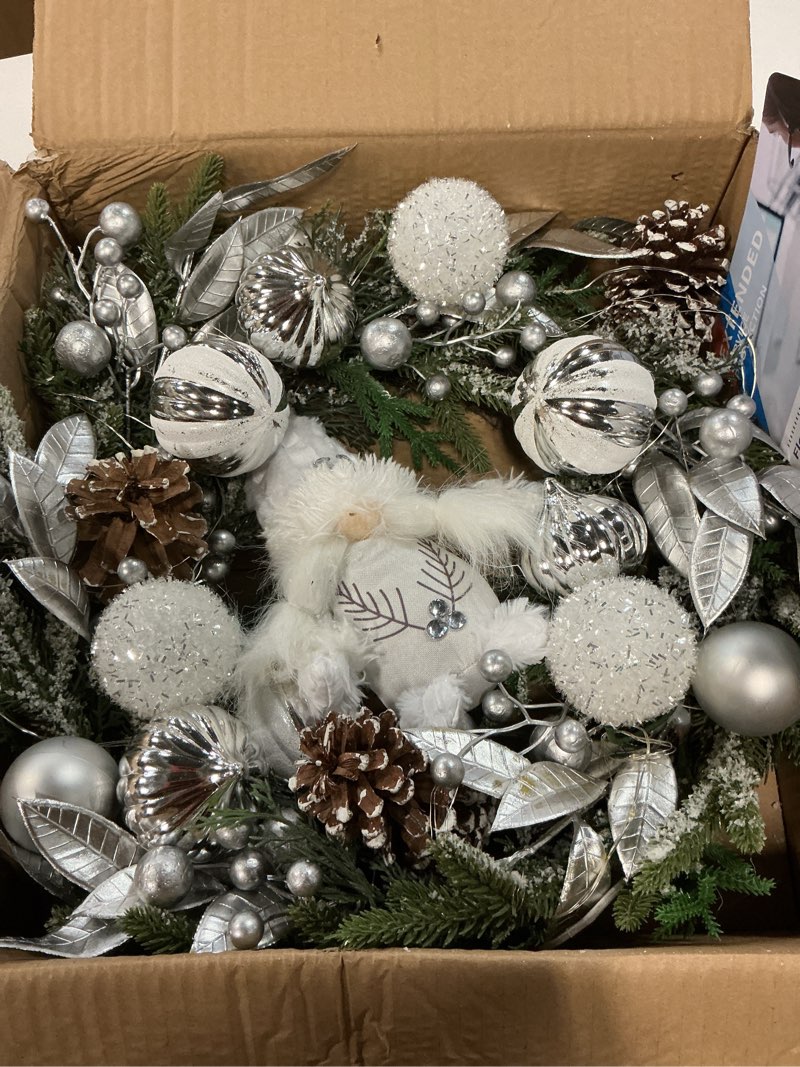 Condition photo showing Good Condition for Adeeing 22 Inch Christmas Wreath with Lights, Prelit Silver White Christmas Gnome Wreath with 30 Lights Ball Ornaments 8 Flashing Modes for Front Door Indoor Outdoor Fireplace Window Home Decoration