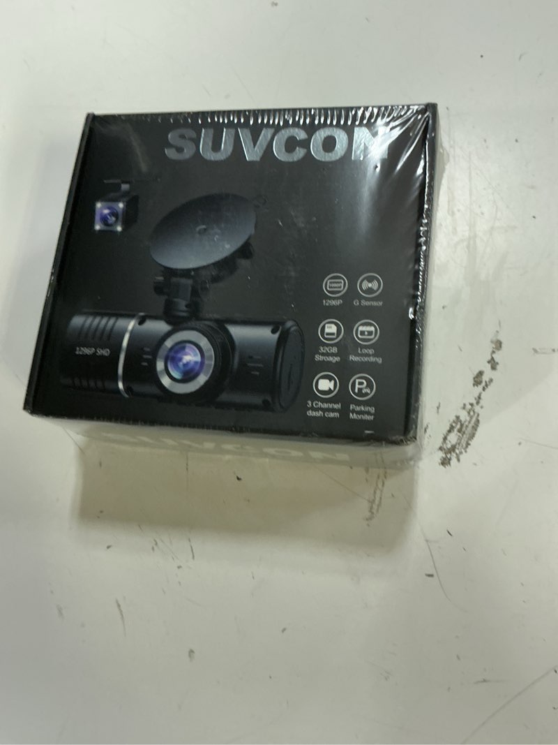Condition photo showing New/Like New for dash cam front and rear, 1080p dash camera for cars, 3 channel car camera front rear and inside with 32gb card, loop recording, night vision, hdr, 24hr parking, g-sensor black