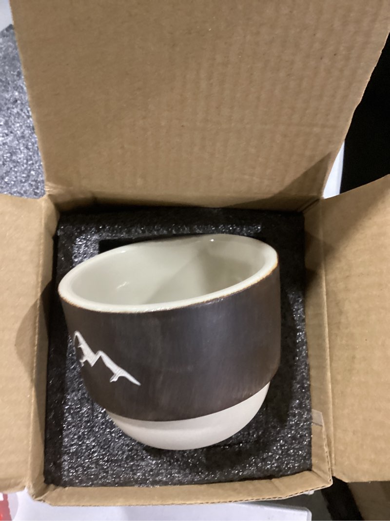 Condition photo showing New/Like New for 7oz ceramic espresso cup, modern handleless pottery coffee mug with laser engraved snow mountain, 1850c high-fired matte & frosted clay demitasse mug, anti-slip base