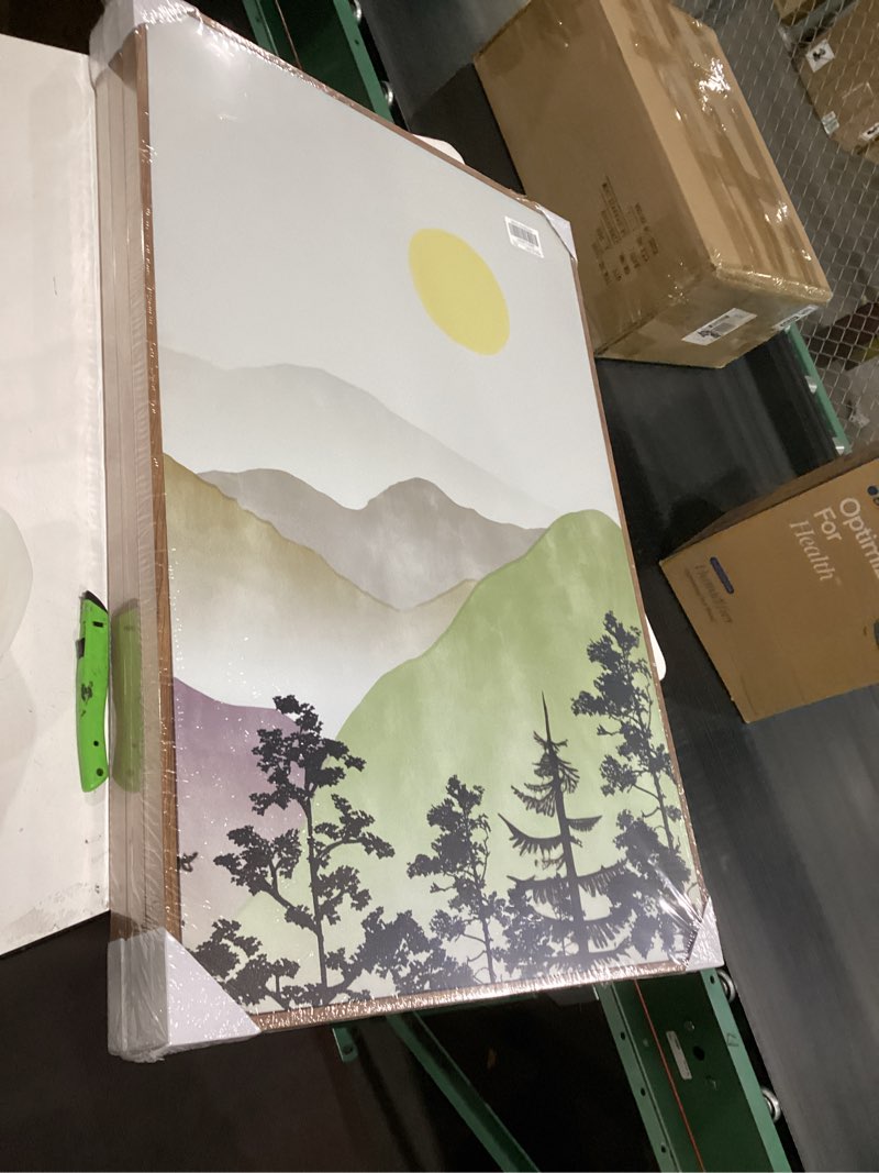 Condition photo showing New/Like New for KUVIOKE Landscape Mountain Wall Art 24x 36in Large Set Watercolor Sunrise Pine Tree Forest Nature Scenry Wilderness Farmhouse Rustic Modern Art Decorative for Living Room Bedroom (Natural Framed) Watercolor Mountain 24 x 36in x 3 Panels Natural