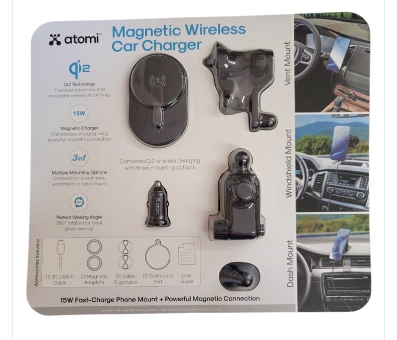 atomi qi2 3-in-1 magnetic wireless car charge kit, 15w fast-charge phone mount