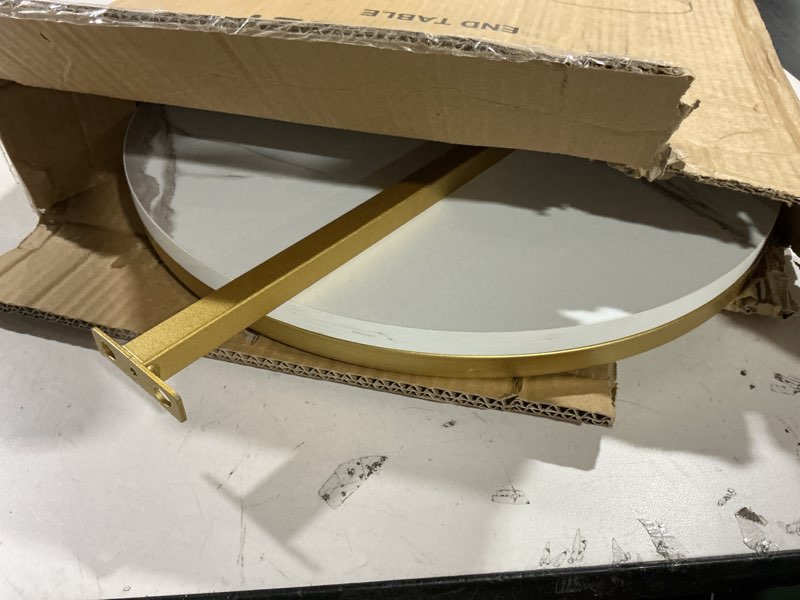 Condition photo showing As Is for TECHMILLY Round End Table, Faux Marble Sofa Table, Accent Side Table with Metal Frame, Modern Gold Nightstand, Tall Coffee Table for Living Room, Bedroom