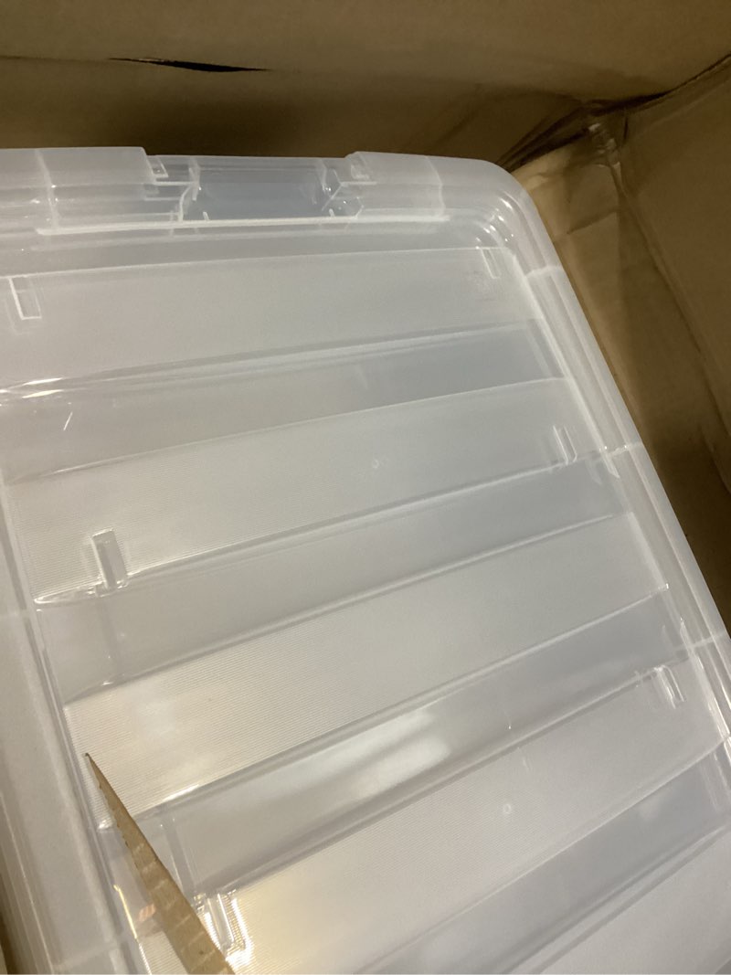 Condition photo showing Good Condition for iris usa 27 qt stackable plastic storage bins with lids, 2 pack - bpa-free, made in usa - discreet organizing solution, latches, durable nestable containers, secure pull handle - clear clear 27 qt 2 pack