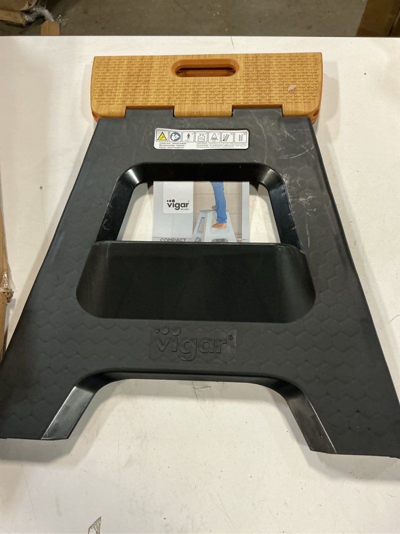 Condition photo showing Good Condition for Vigar Compact Step Stool Foldable, 12-1/2-inch Step Stools for Adults up to 330 Pound, Lightweight Stool, Non-Slip Folding Step Stool, Black, Bamboo Print on Top Black, Bamboo on Top 12-1/2-Inches