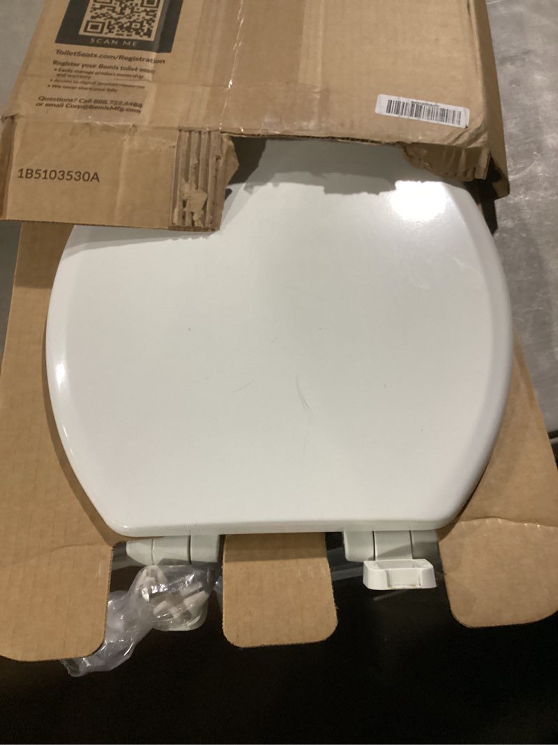 Condition photo showing As Is for mayfair padded toilet seat, cushioned soft vinyl over wood core seat, secure hinges, easy clean, made in usa, elongated, white elongated white toilet seat